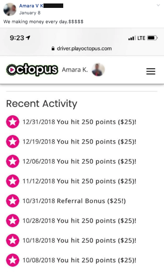 Screenshot of Amara K's recent 250 points activity