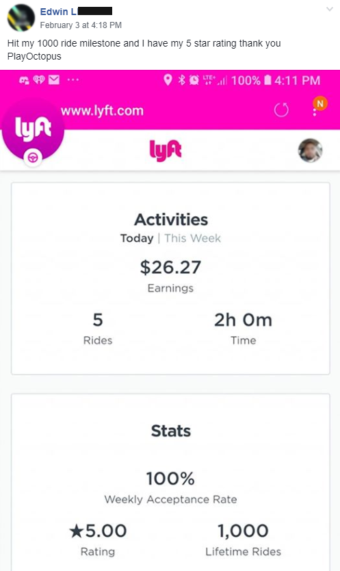 Quote from Edwin L, "Hit my 1,000 ride milestone and I have my 5 star rating thank you Play Octopus"