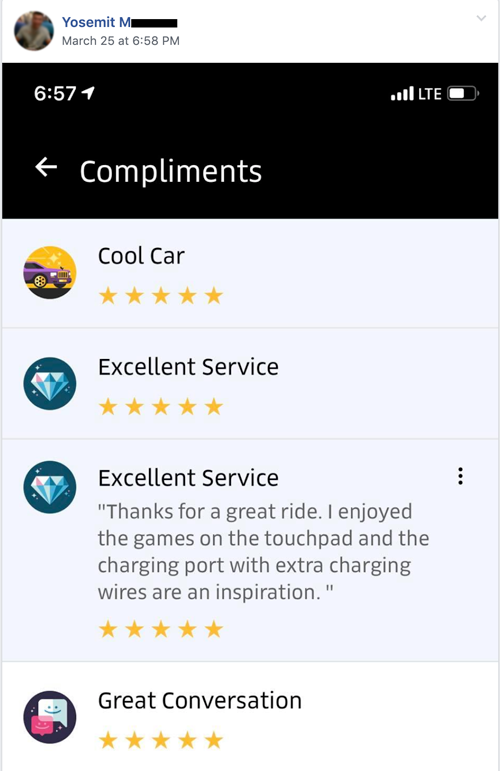 Yosemit M shares rider feedback, "Thanks for a great ride. I enjoyed the games"