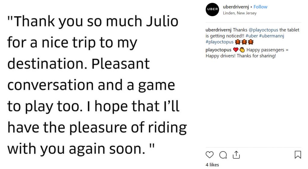 Julio shares rider feedback "Pleasant conversation and a game to play too."