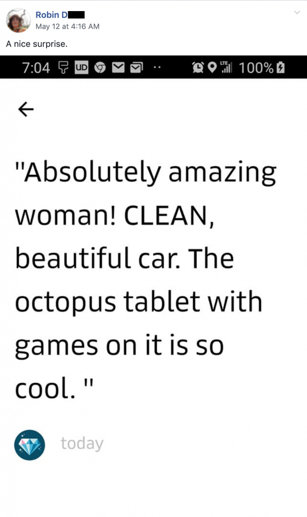 Uber passenger review, "The octopus tablet with games on it is so cool."