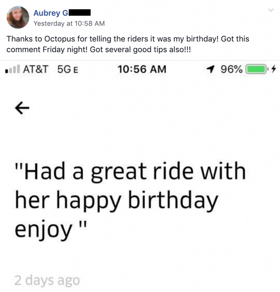 Lyft Passenger review, "had a great ride with her"