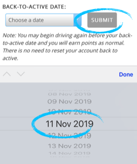 Back to Active date with "Submit" button and date circled.