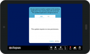 Play Octopus tablet with an update "Install" prompt.