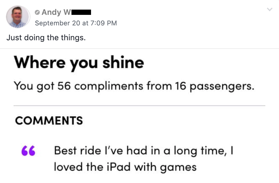 Lyft passenger of Andy W says, "Best ride I've had in a long time...loved the games."