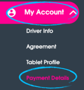 Driver Dashboard menu with "My Account" and "Payment Details" circled.