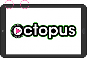 Infographic of a Play Octopus tablet with the power and volume down buttons circled.