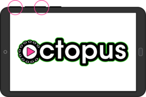 Infographic of a Play Octopus tablet with the power and volume down buttons circled.