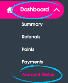 Menú del Driver Dashboard con 'Dashboard' y 'Account Status' circundados.