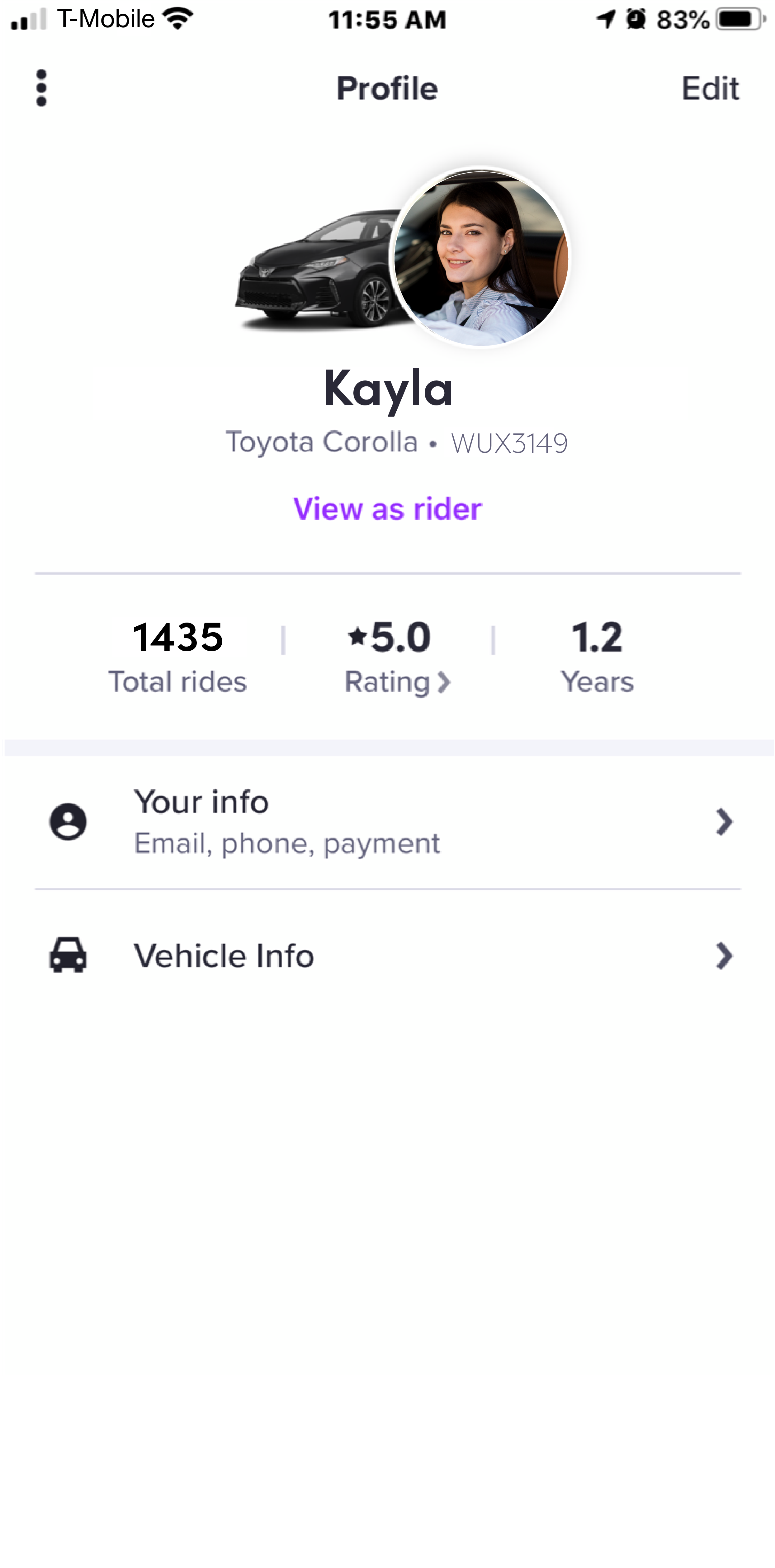 Captura de pantalla de Lyft mostrando el perfil del conductor.