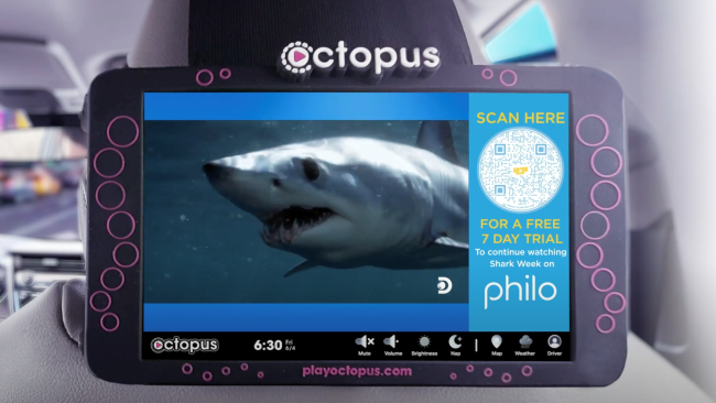 Shark Week and Philo in Octopus rideshare vehicle
